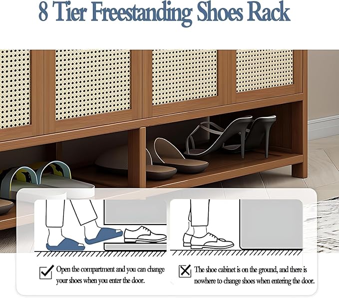 8 Tiers Shoe Cabinet with Acrylic Doors, Large Capacity Bamboo Shoe Cabinet, 40-45 Pairs Shoe Rack, Free Standing Shoe Rack,Entrance for Hallway Living Room (Brown)