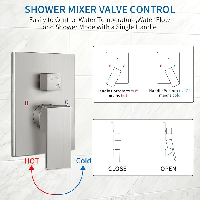 Shower Faucet Set Rainfall Shower System with Square Showerhead and Handle Set Fixture with 2 in 1 Function Handheld Sprayer Wall Mounted Trim Repair Kit Rough-in Valve 8 Inch Brushed Nickel