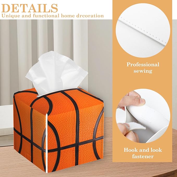 Basketball Tissue Box Cover Holder, Leather Tissue Case Holder Facial Paper Organizer Decorative for Tabletop Night Stands Desk Bathroom Kitchen Car Office Home Decor