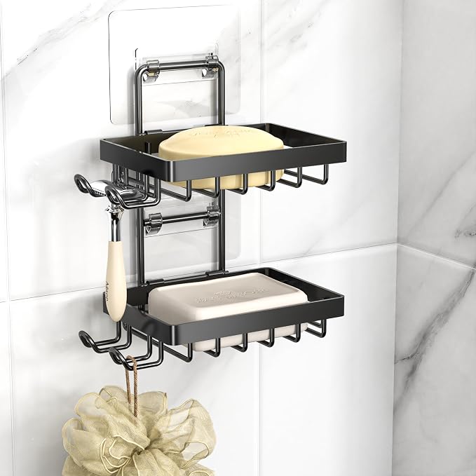 Moforoco Double Soap Bar Holder for Shower, No Drilling, 304 Stainless Steel, Wall Mounted Soap Holder with 4 Hooks and Razor Holder, Shower Rack Soap Tray Bar Soap for Bathroom Accessories Organizer