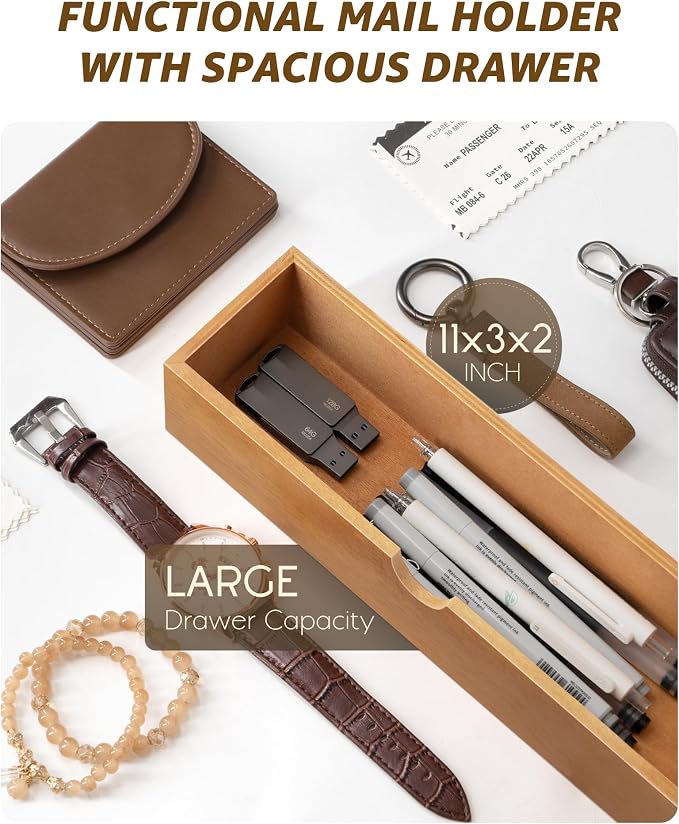 Rebee Vision Modern Farmhouse Mail Organizer with Drawer Organizer - Rustic Key and Mail Holder for Wall with 7 Key Hooks for Apartment Essentials - Aesthetic Home Decor (Light Brown)