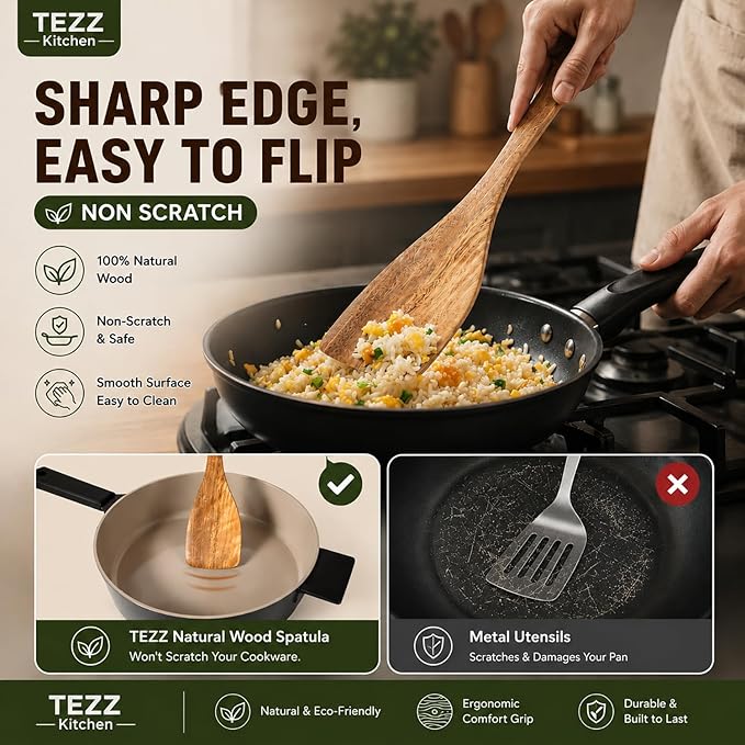 Wooden Spatulas, 2 PCs Natural Acacia Wooden Cooking Utensils Set for Non-stick Pan Kitchen Tool, flipping and Wok Spatula, Wooden Spoons & Spurtle for Cooking