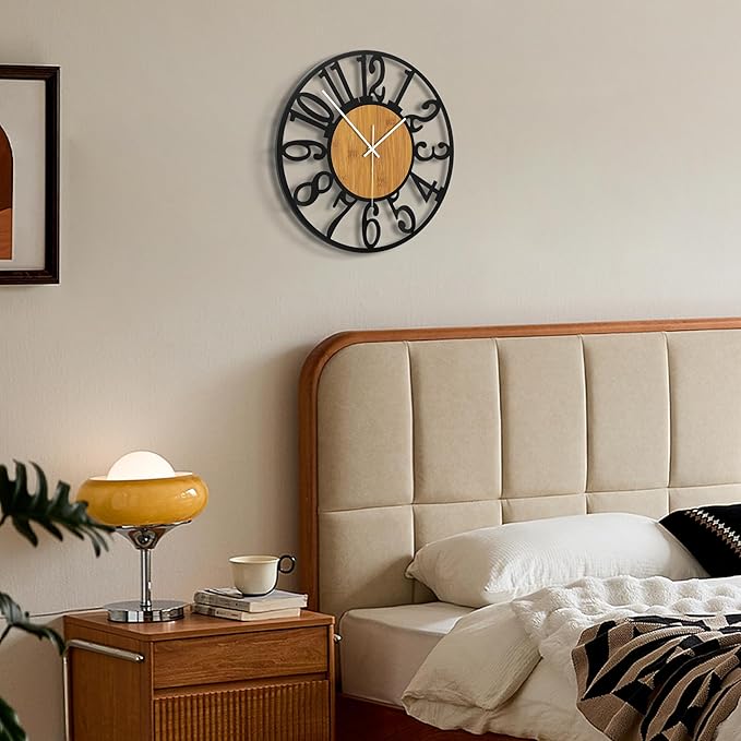 Maxstar Wall Clock Battery Operated,Silent Non-Ticking Modern Rustic Metal Round Clocks Small for Living Room/Bedroom/Office/Kitchen/Farmhouse Home Decor-12 Inch(Yellow-Wood)