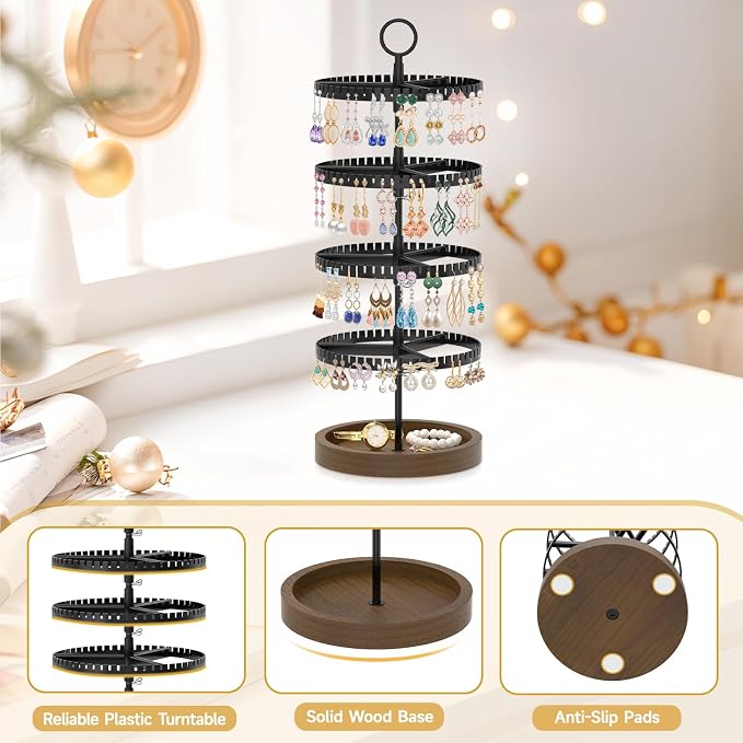 MODOWEY 4 Tier Rotating Earring Holder Organizer Display Tree with Wooden Tray, Adjustable Plastic Stand with 228 Slots for Stud Hoop Hanger, Large Capacity Storage Rack for Women Space Saving, Black