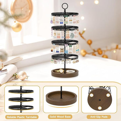MODOWEY 4 Tier Rotating Earring Holder Organizer Display Tree with Wooden Tray, Adjustable Plastic Stand with 228 Slots for Stud Hoop Hanger, Large Capacity Storage Rack for Women Space Saving, Black