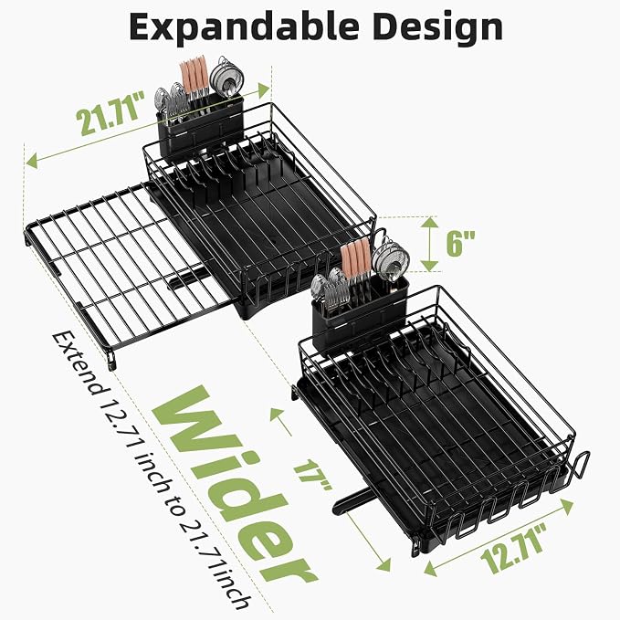 Ekisemio Expandable Dish Drying Rack with Utensil Holder & Drip Tray, Black | Ekisemio 12.7"-21.7" Expandable Dish Rack | 360° Swivel Spout | Steel Frame | Dual Utensil Holder | Tool-Free | Anti-Slip