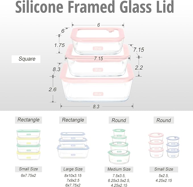Urban Green Glass Food Container Set with Silicone Glass Lid, 3 Pack, Square Shape, Airtight, LeakProof, 100% Plastic Free, Meal Prep Food Storage Containers