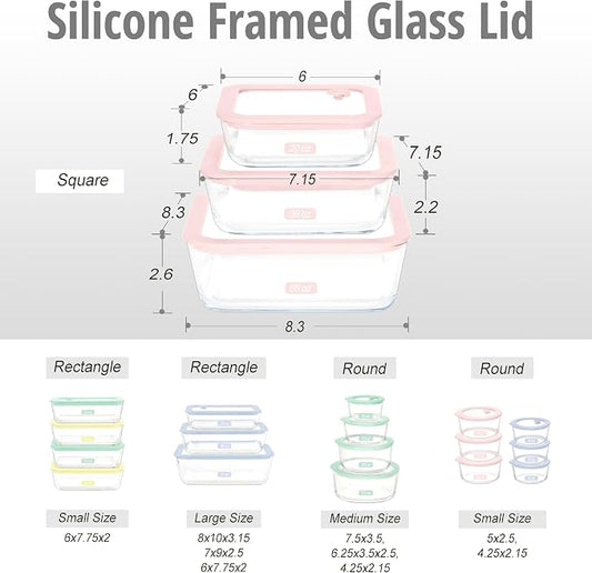 Urban Green Glass Food Container Set with Silicone Glass Lid, 3 Pack, Square Shape, Airtight, LeakProof, 100% Plastic Free, Meal Prep Food Storage Containers