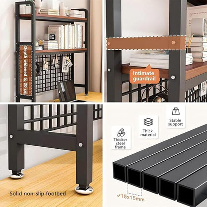 Desktop Hutch Bookshelf, 2-Tier Metal Desk Shelf with Grid Panel, Wooden Desktop Display Rack for Computer Monitor, Countertop Storage Organizer for Office Home Dorm (Black)