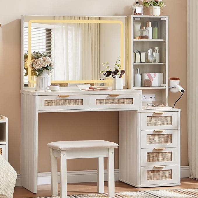 LEYAOYAO White Vanity Desk with Mirror and Lights, 43.5'' Makeup Vanity Set with Stool 6 Drawers and Adjustable Shelves, Rattan Wood Make Up Vanity with Glass Top and Power Outlet for Bedroom