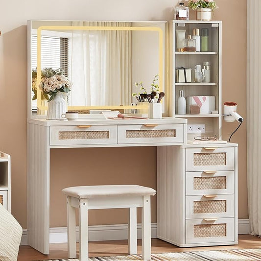 LEYAOYAO White Vanity Desk with Mirror and Lights, 43.5'' Makeup Vanity Set with Stool 6 Drawers and Adjustable Shelves, Rattan Wood Make Up Vanity with Glass Top and Power Outlet for Bedroom