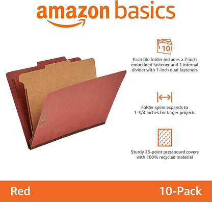 Amazon Basics Classification File Folder, 1 Divider, 2" Embedded Fasteners, Letter Size, 100% Recycled Material, Red, 10 Count