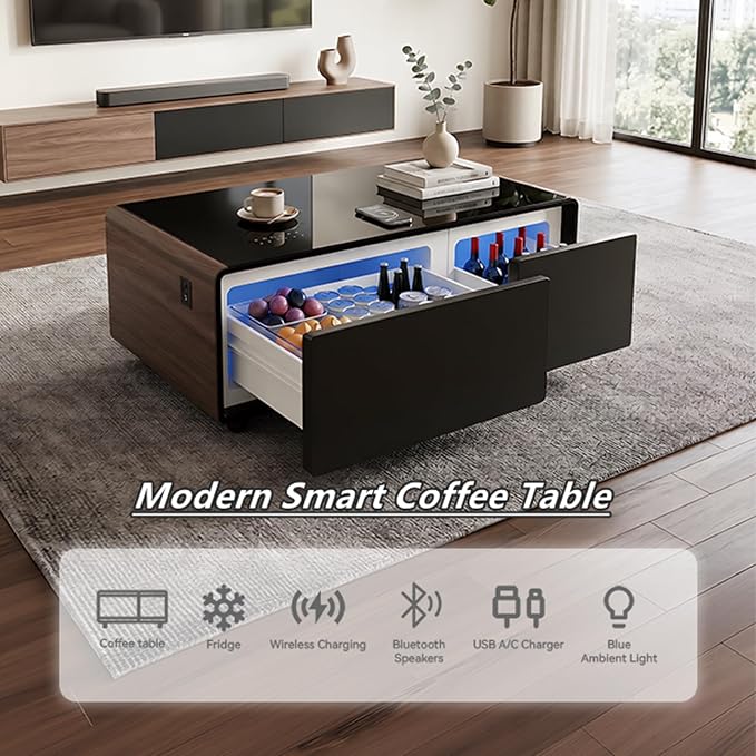 Smart Coffee Table with Fridge and Bluetooth Speakers, Smart Refrigerator Table with 15W Wireless Charger, Touch Control Panel, USB Port, Atmosphere Light and More, LT90 Pro-Brown