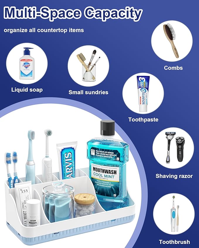 Bathroom Counter Organizer and Storage with 2 Pack Qtip Holder Dispenser, 7 Slots Detachable Toothbrush Holders for Bathrooms, Anti-Slip Electric Toothbrush and Toothpaste Holder Countertop