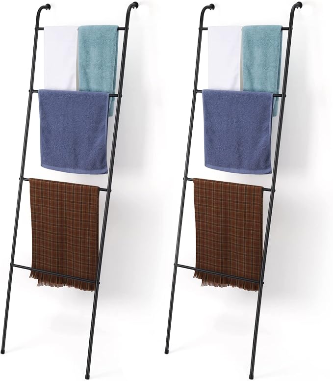 2 Pack Blanket Ladder Decorative Towel Rack Holder for Bathroom, Wall Leaning Metal Drying Quilt Stand for Living Room Bedroom Farmhouse Home Decor, for Women Mom Mother Her Wife - Black