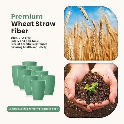 Homienly Plastic Cups Reusable 8 PCS Wheat Straw Cups a Good Alternative Drinking Plastic Glasses Cup Unbreakable Reusable Dishwasher Safe Microwave Safe Cup with Green Color (12 OZ)