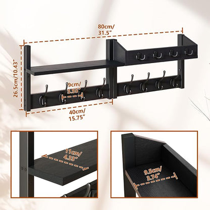 YMYNY 31.5" Coat Rack Wall Mount with Shelf, 4 in 1 Key and Coat Hanger with 12 Metal Hooks, Wall Shelf with Hooks & Mail Holder for Living Room, Bedroom, Black, HWS007B-2