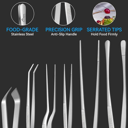 HOTEC Kitchen Tweezers Tongs Stainless Steel, Set of 6 - Professional Cooking Tweezers for Cooking, Chefs, BBQ, Seafood, Baking & Repair