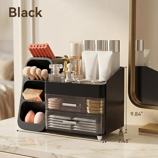 Brothersbox Makeup Organizer with Brush Holder for Vanity, Large Countertop Skincare Storage with 2 Drawers, Holds Lipsticks, Nail Polishes, Perfumes, Brushes - Gift for Women, Black
