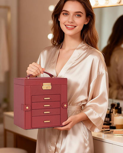 TORIBIO Jewelry Box for Women, Leather Jewelry Organizer with Mirror & Lock, 5-Tier Jewelry Storage Organizer with 4 Drawers for Girls/Women/Mothers, Necklace Earring Bracelets Holder Organizer