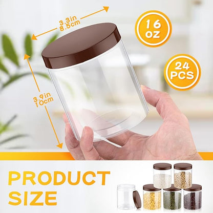 Irenare 24 Pcs 16 oz Plastic Jars with Lids Clear Plastic Containers Wide Mouth Food Mason Jars Airtight Storage Containers for Cake, Dried Fruit, Honey, Nuts, Carft, Scrub Cream(Brown Lids)