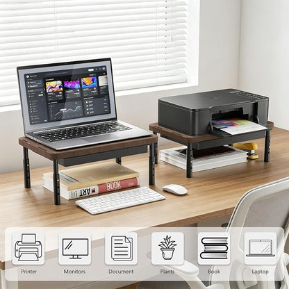WALI Plastic Computer Monitor Stand with Storage, Desk Monitor Riser 3 Height Adjustable, Laptop Riser with Airflow Vents, Desk Organizer for Computer, Laptop, Printer (PTT002-C), 1 Pack, Brown
