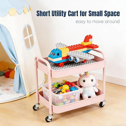 2 Tier Pink Rolling Cart with Wheels for Under Desk Storage, Large Capacity Rolling Pantry & Kitchen Storage Cart for Small Space, Sturdy Metal Bathroom Shelf Laundry Room Organization