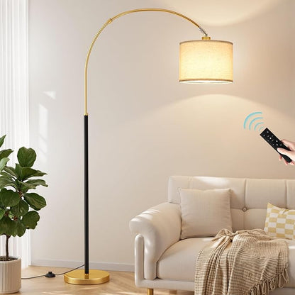 Ambimall Dimmable Arc Floor Lamp with Remote, Color Temperatures and Brightness Adjustable, Arched Floor Lamp with Rotating Head, Over Couch Arched Reading Light for Living Room (Black and Gold)