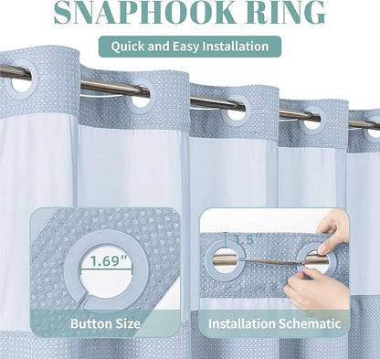 FrostBlue No Hook Waffle Weave Shower Curtain with snap-in Liner Replacement, 230GSM Waterproof Fabric Hotel Shower Curtain Set for Bathroom, Through Mesh Top Window,71Wx74H