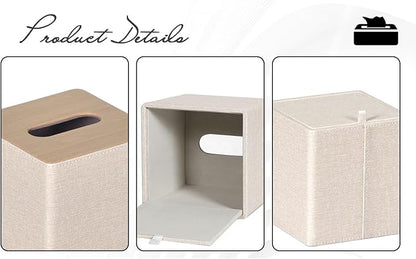 GOLRANLYE Tissue Box Cover Square 2 Pack PU Leather Facial Tissue Box Holder for Dresser Bathroom Decor (Beige)