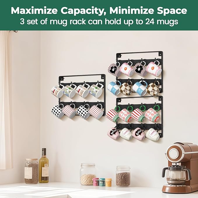 EsLuker.ly Mug Holder Hanger Rack Wall Mounted Wooden 3 Pack Coffee Cup Storage Organizer Display Shelf with 24 Movable Plastic Hooks, Ideal for Mug Collectors, Black