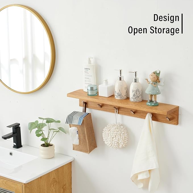 Wall Hooks with Shelf Oak Wood Coat Rack Shelf Wall Mounted, Entryway Shelves with 5 Metal Hangers for Clothes Hats Towel for Bathroom, Bedroom, Living Room (Natural, 20 inches)