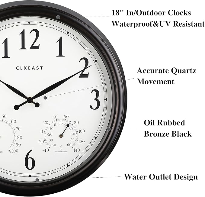 CLXEAST Outdoor Clocks for Patio Large Waterproof with Thermometer,18 inch Outdoor Wall Clock with Temperature and Humidity Combo,Weatherproof,Oil Rubbed Bronze