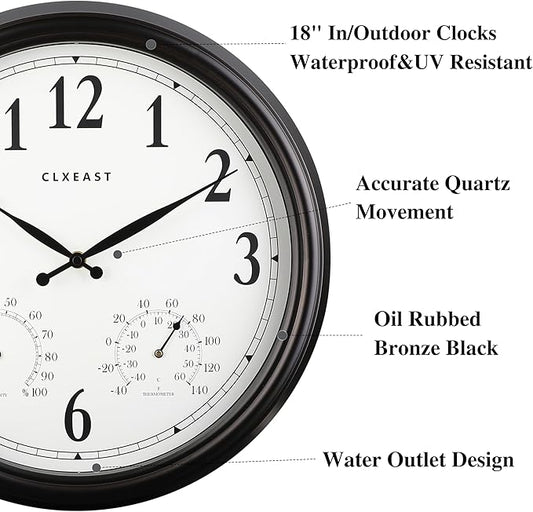 CLXEAST Outdoor Clocks for Patio Large Waterproof with Thermometer,18 inch Outdoor Wall Clock with Temperature and Humidity Combo,Weatherproof,Oil Rubbed Bronze