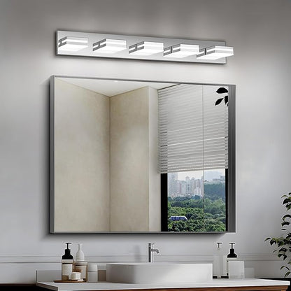 Modern LED Bathroom Lights Fixtures(5-Light),Stainless Steel Chrome Acrylic Wall Lighting,Vanity Lights for Bathroom Over Mirror(6000k 34in)