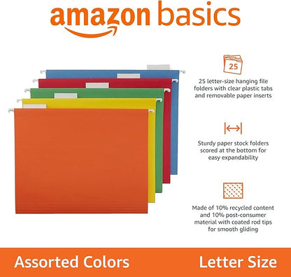 Amazon Basics Hanging File Folders with Adjustable Tabs, Sturdy Expandable Document Organizer, Letter Size, Assorted Colors, 25-Pack