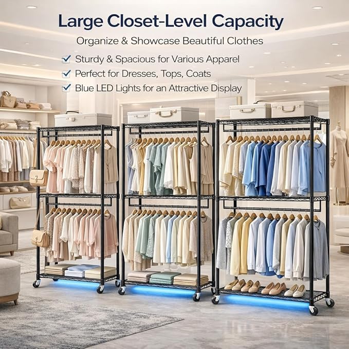 Heavy Duty Clothes Rack with Wheels, 43"W x 18"D x 81"H Rolling Garment Rack, 800 lb Capacity, 3-Tier Adjustable Shelves, Double Hanging Rods, 6 Hooks, Portable Closet Organizer, Tool-Free Assembly