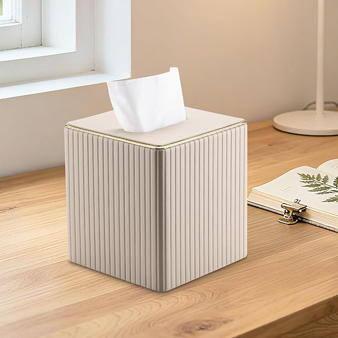 KINGFOM Square Tissue Box Cover, PU Leather Tissue Box Holder for Kleenexs with Magnetic Bottom Cover for Facial Tissues/Napkins, Office & Living Room Decor Box Beige