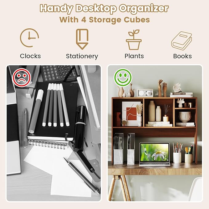 Desk Hutch, Desktop Shelf with 4 Shelves, Desk Bookshelf w/Anti-Toppling Devices, Wood Table Top Bookshelf Organizer, Small Desk Shelf for Study, Office, Dorm (Walnut, 4 Shelves)