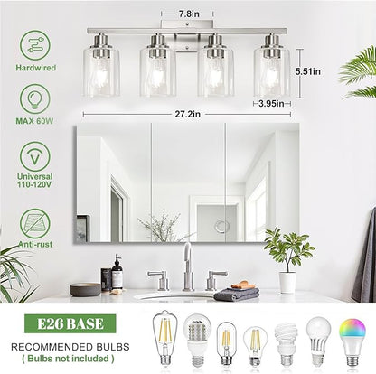 4-Light Bathroom Light Fixtures, Vanity Light with Clear Glass Shades, Brushed Nickel Bathroom Light Fixtures Over Mirror, Modern Bathroom Wall Lamp for Mirror Living Room Cabinet Bedroom