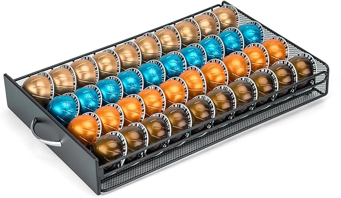 HiveNets for Vertuo Coffee Capsule Storage Drawer Compatible with Nespresso Vertuoline Pods Holder Metal and Wood Top Organizer (can hold 40 Pods)