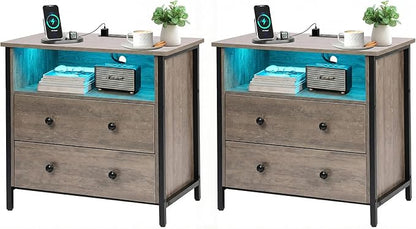 27 Inch Wide Night Stand, Lrage Wood Night Stand Set 2 with 2 Drawers, LED Nightstand with Charging Station and Adjustable Drawer, Bedside Table for Living Room/Bedroom/Study/Office, Gray.
