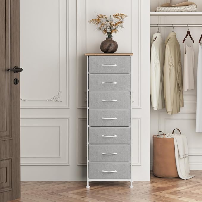 Fixwal Tall Dresser for Bedroom, Storage Dresser Organizer with 7 Fabric Drawers, Nightstand Furniture in Closet, Entryway, Hallway, Light Grey