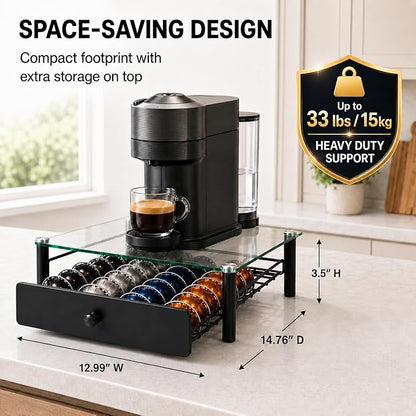 Tempered Glass Coffee Pod Drawer, Nespresso Vertuo Capsule Holder Organizer for 40 Pods, Under Coffee Maker Storage, Compatible with Vertuo Next/Plus, 14.76"x12.99"x3.5"