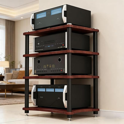 Heavy Duty Audio Component Rack, Large Storage Space AV Media Stand with Shock-Absorbing Foot pegs, Audio Rack Tower CD Player Stand for Home/Office/Audio Video/Theate (Teak, 4th)