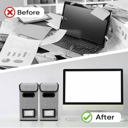 BALEINE File Organizer Box with Lid, Collapsible File Folder Organizer with Plastic Slide, Hanging File Folder Box for Office Document Storage (2 Pack, Grey, S)