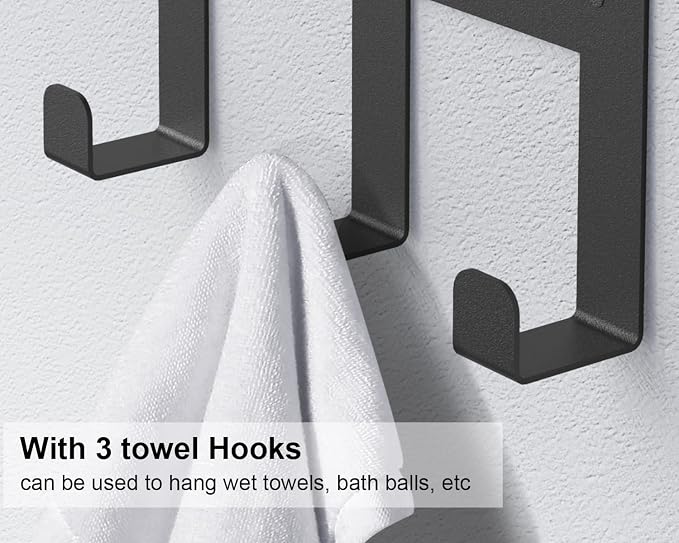 Roll Towel Racks for Bathroom, Bethom Small Wall Shelf with Hooks, Black | Stainless Steel Towel Racks for Bathroom, Wall Mounted with Shelf