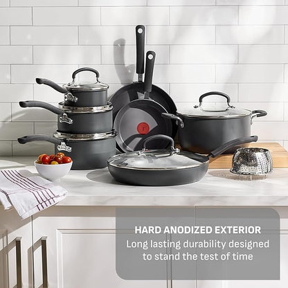 T-Fal Ultimate Hard Anodized Nonstick 13 Piece Cookware Set, Oven Safe Up to 400°F, Pots and Pans Set, Includes Frying Pans, Saucepan, Stockpot, Cooking Utensils, Grey