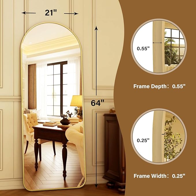 HARRITPURE 64"x21" Arched Full Length Mirror Floor Mirrors with Aluminum Alloy Frame Free-Standing Wall Mounted or Leaning Large Bedroom Dressing Mirror Modern & Contemporary Decor for Home,Gold