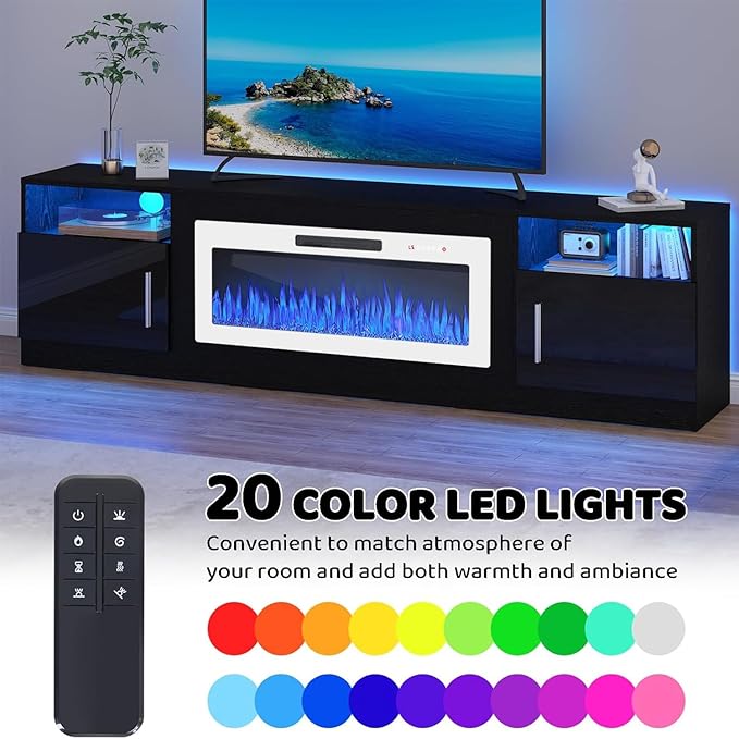 LEMBERI 80 Inch Fireplace TV Stand for TVs up to 90", 36" White Electric Fireplace Entertainment Center with 20-Color LED, 300lbs Max Capacity Modern Wood Media Console Cabinet, Black